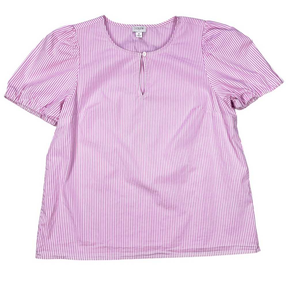 J. Crew Factory Women’s Puff Sleeve Key-Hole Top. Pink/White Stripes. Medium